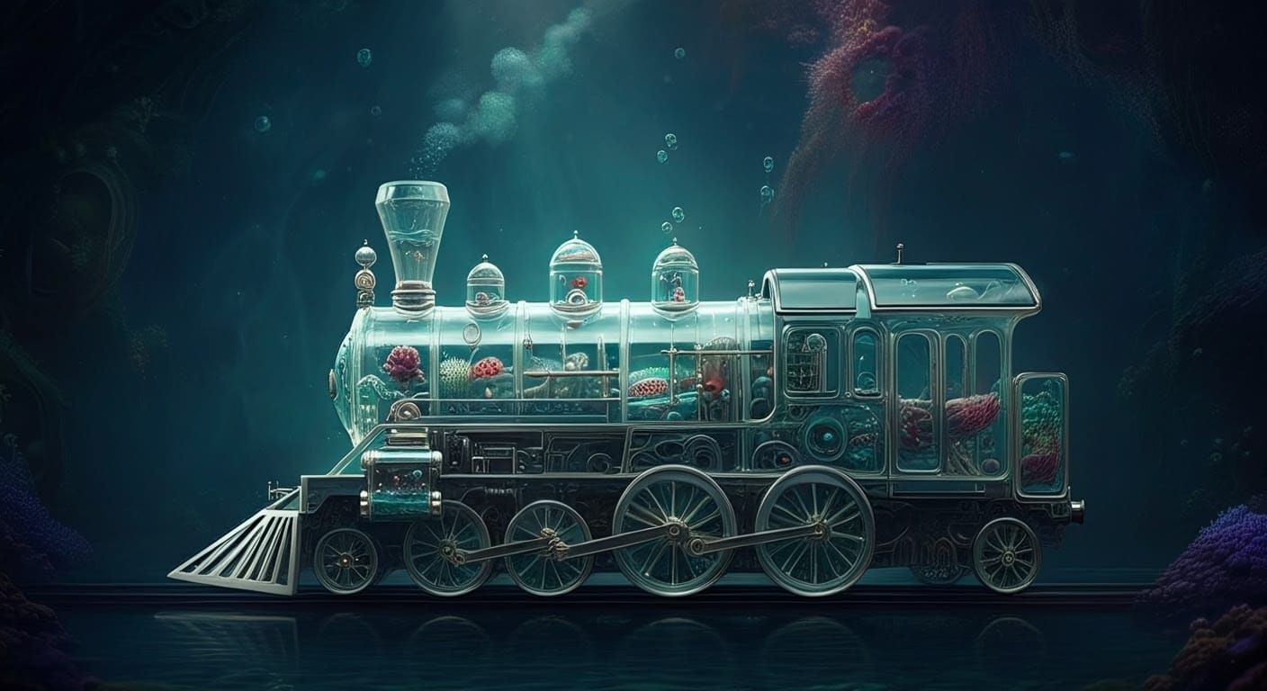 Ethereal Glass Train Glides Through an Underwater Dreamscape