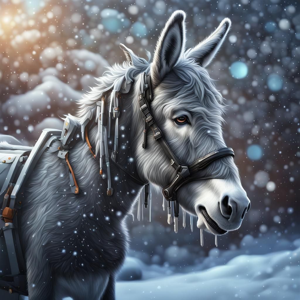 Robotic Donkey with Snowflakes: Hyperrealistic Splash Art