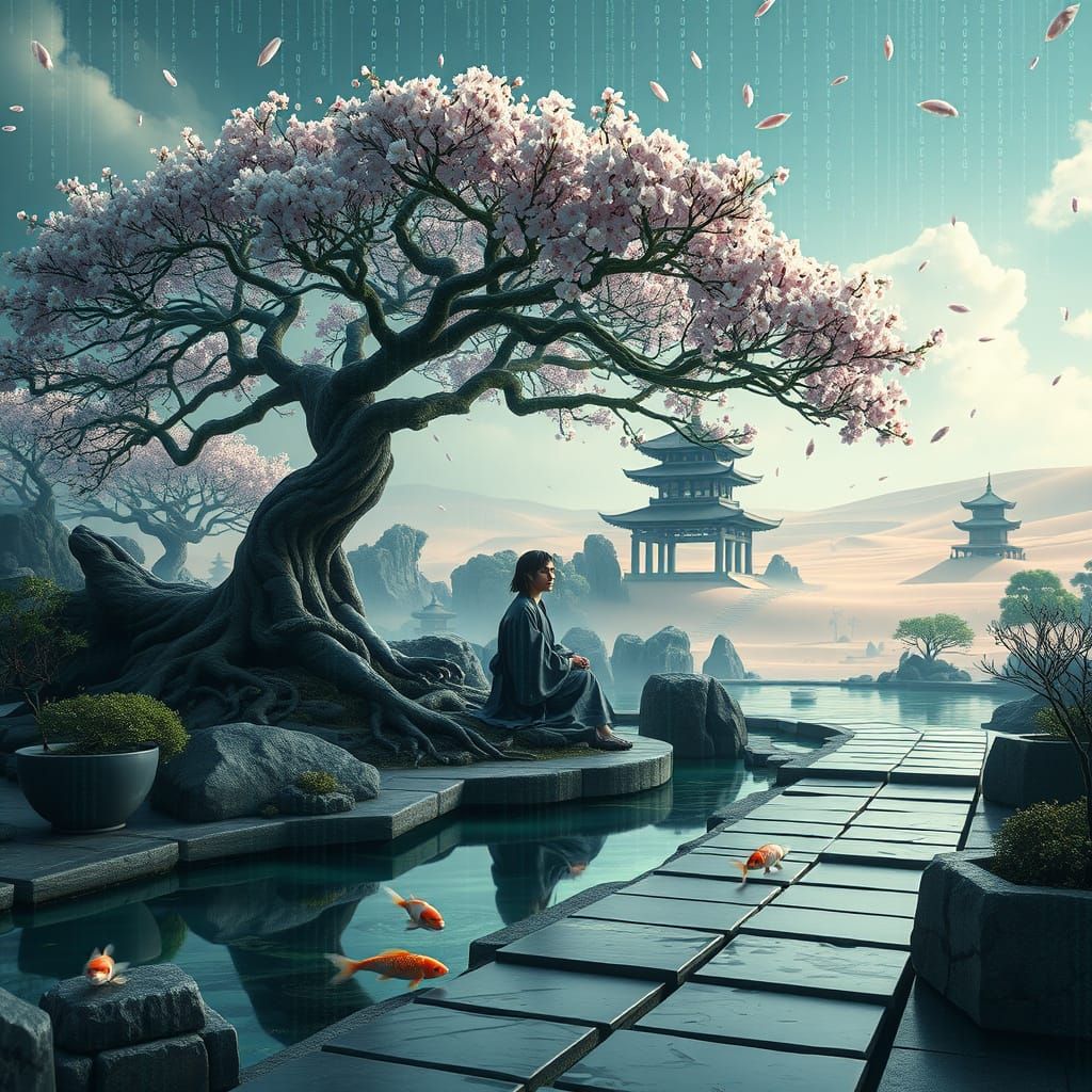 Neo Meditates in a Futuristic Zen Garden