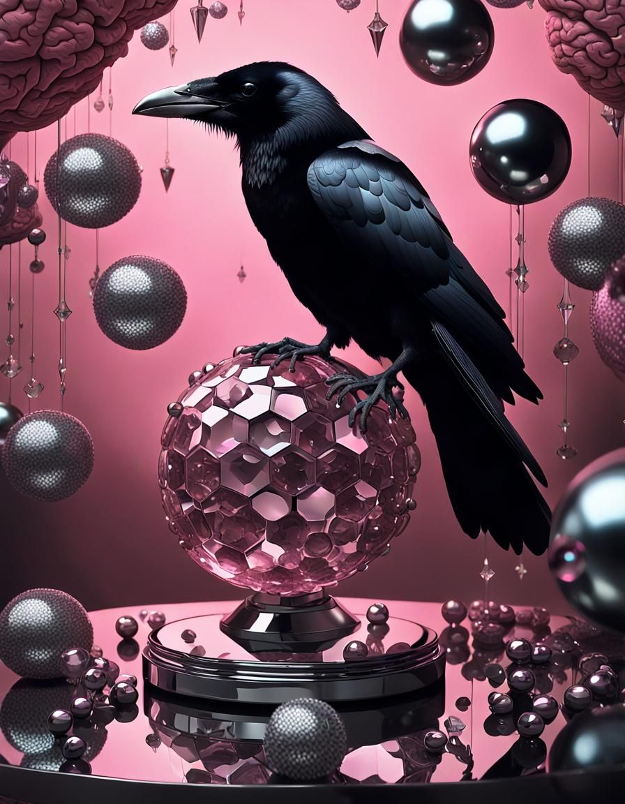 Crow with Brain and Shiny Cube, in Hyperrealistic Style