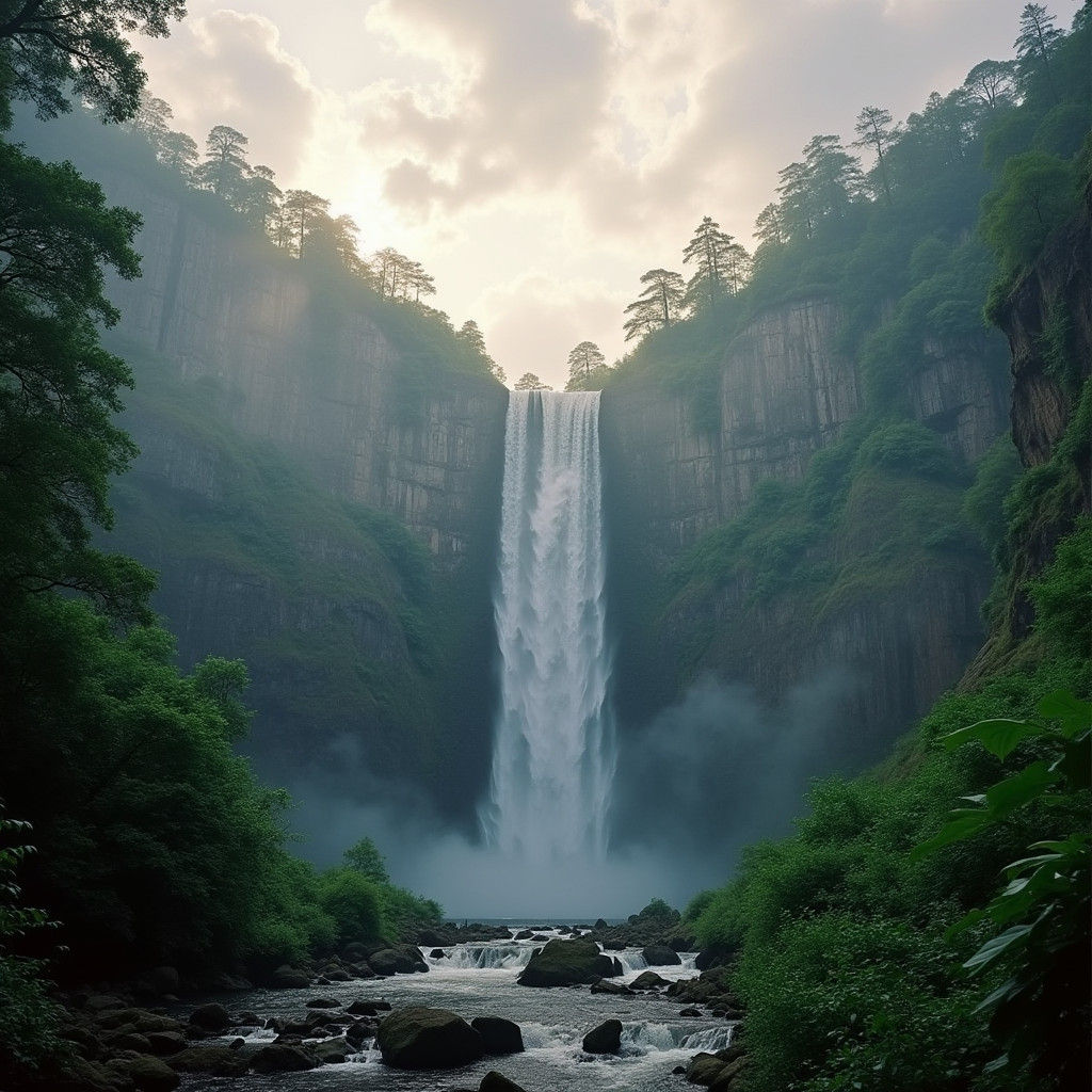 Majestic Waterfall in 1980s Hyperrealistic Style