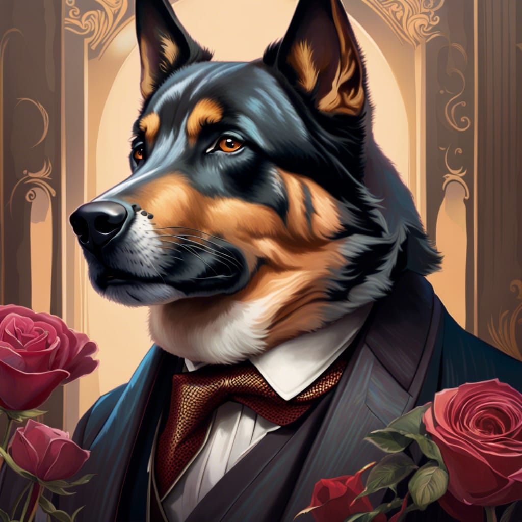 Intricate Dog-Person Portrait in Art Nouveau Style