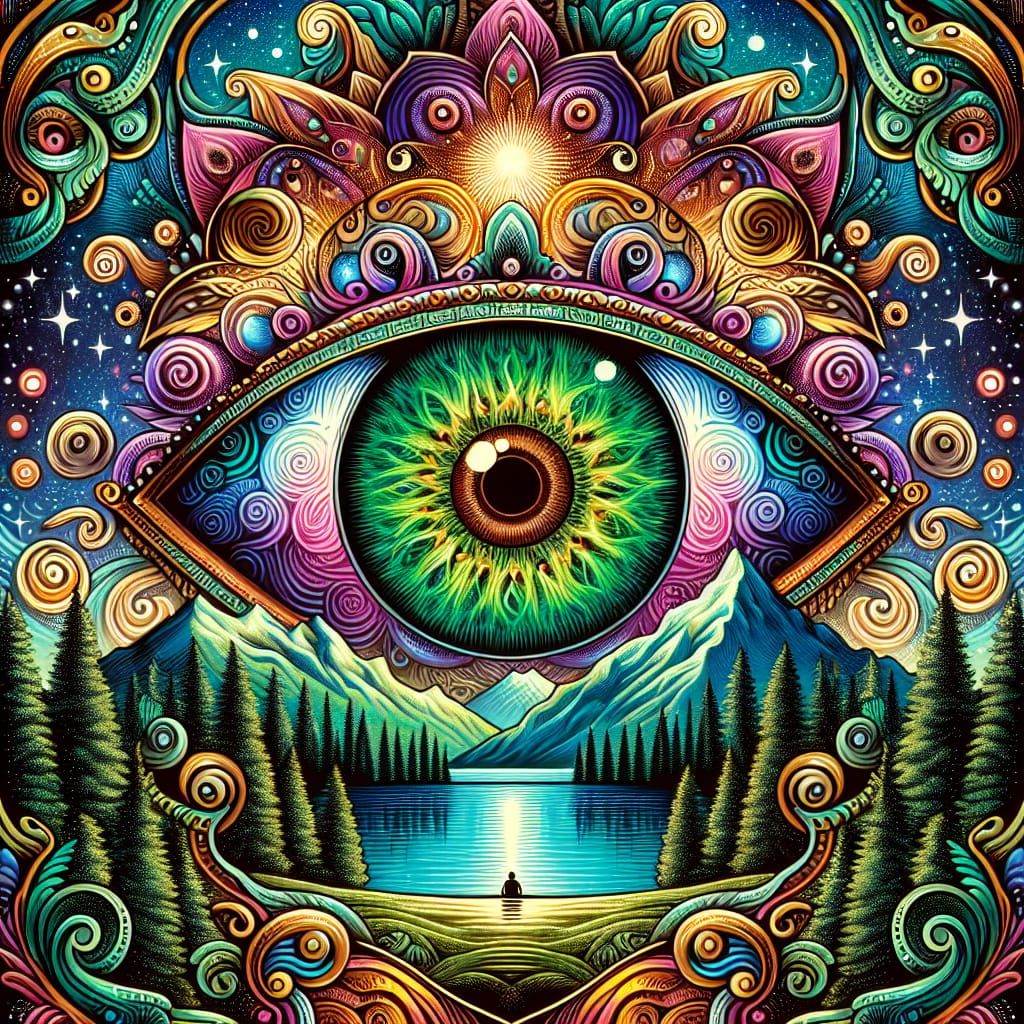 Visionary Eye in Peaceful Landscape with Swirling Patterns
