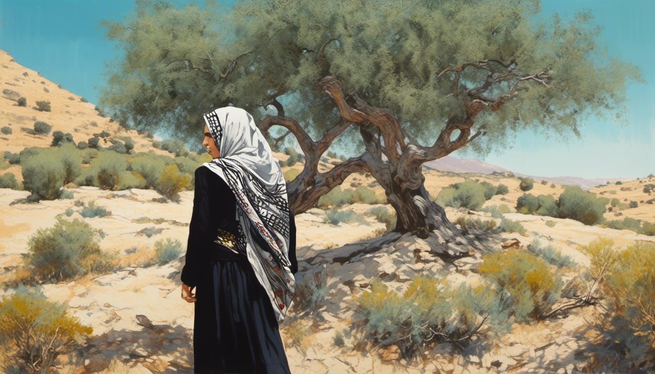 Palestinian Freedom Fighter in Olive Grove: Art Deco Poster