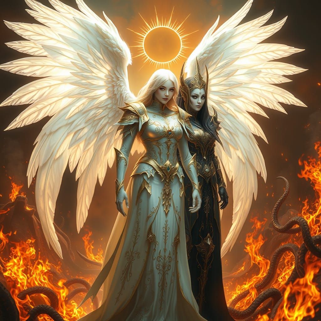 Dark Angel in Fiery Hellscape, with Lilith, in a Gothic Styl...