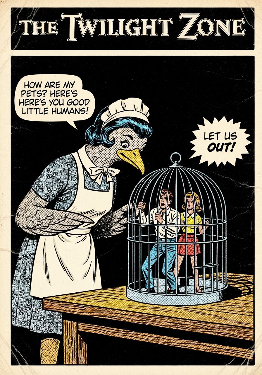 1960s Comic Style Birdcage Scene with Human Pets