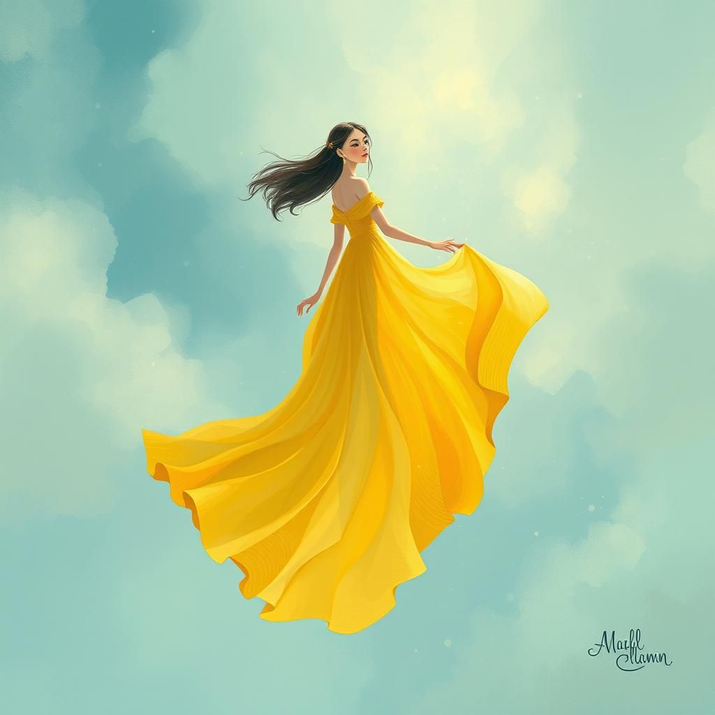 Floating Woman in Dreamy Landscape, Whimsical Illustration