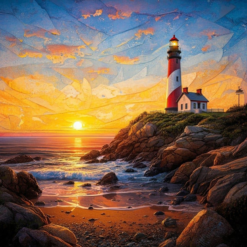 Lighthouse Sunset: A Mixed Media Masterpiece