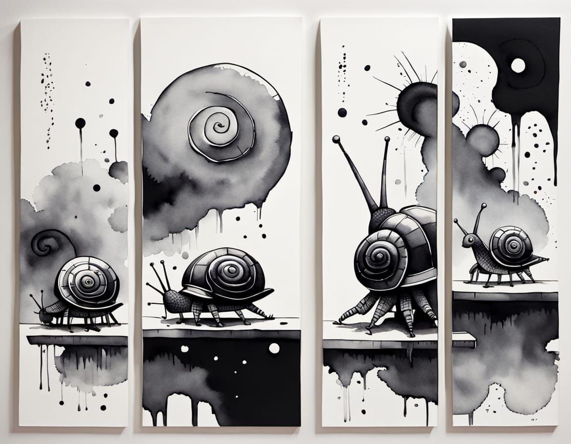 Minimalist Sumi-e Triptych: Snail, Typewriter, Robot