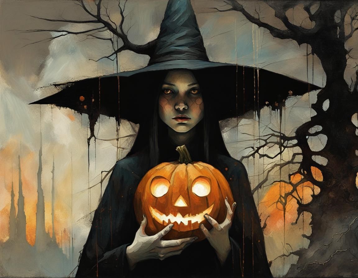 Young Witch Portrait with Jack-o-Lantern in Surrealist Style