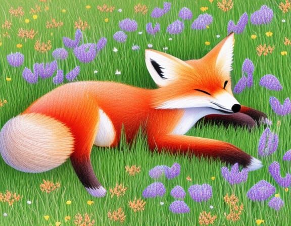 Sweet Fox Nap in Wildflower Meadow Illustration