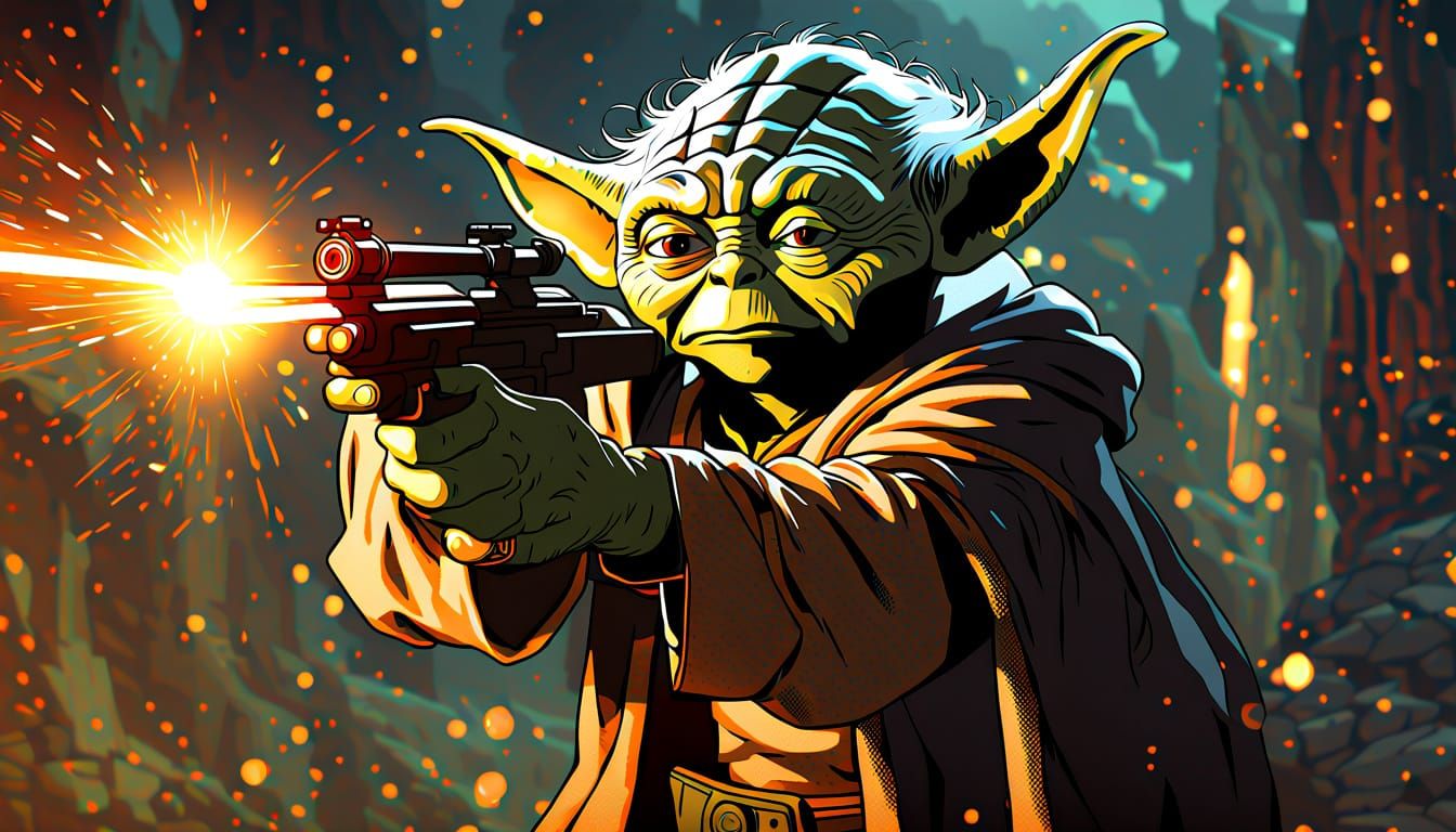 Yoda in Golden Armor Reloading Sniper: Digital Art