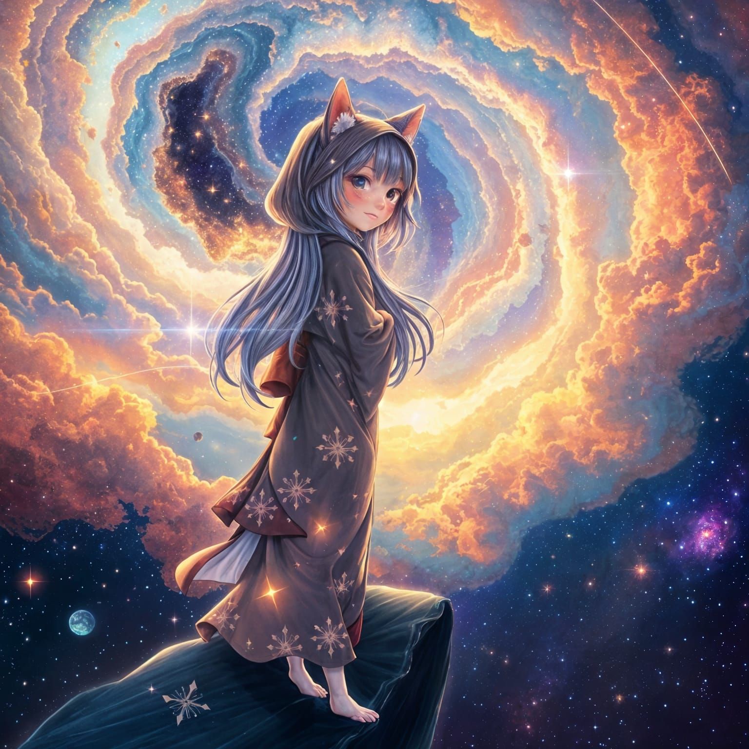 Anime Catgirl Stands on Nebula's Edge, Gazing into Cosmic Ex...