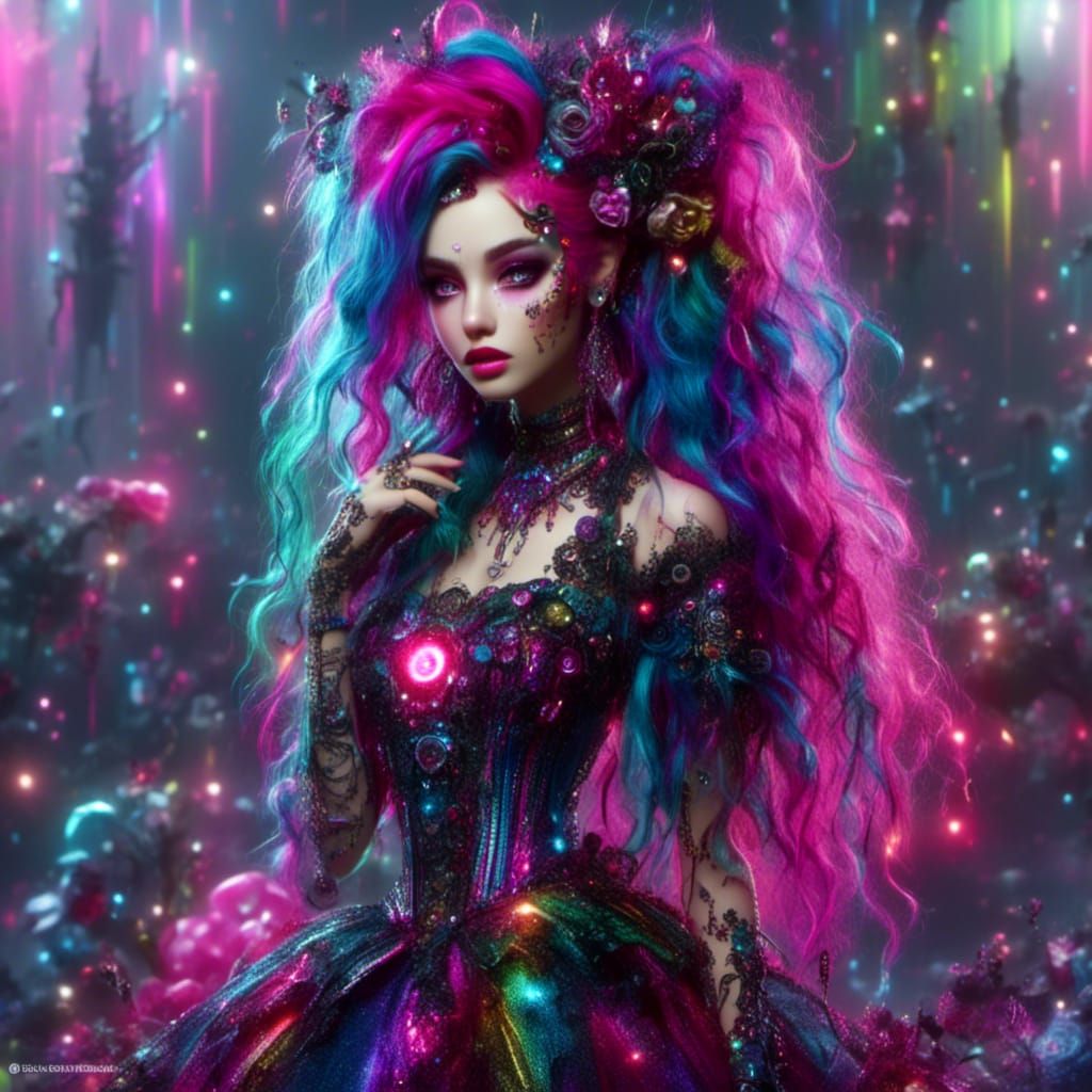 Cyberpunk Pixie with Rainbow Hair in City Alley