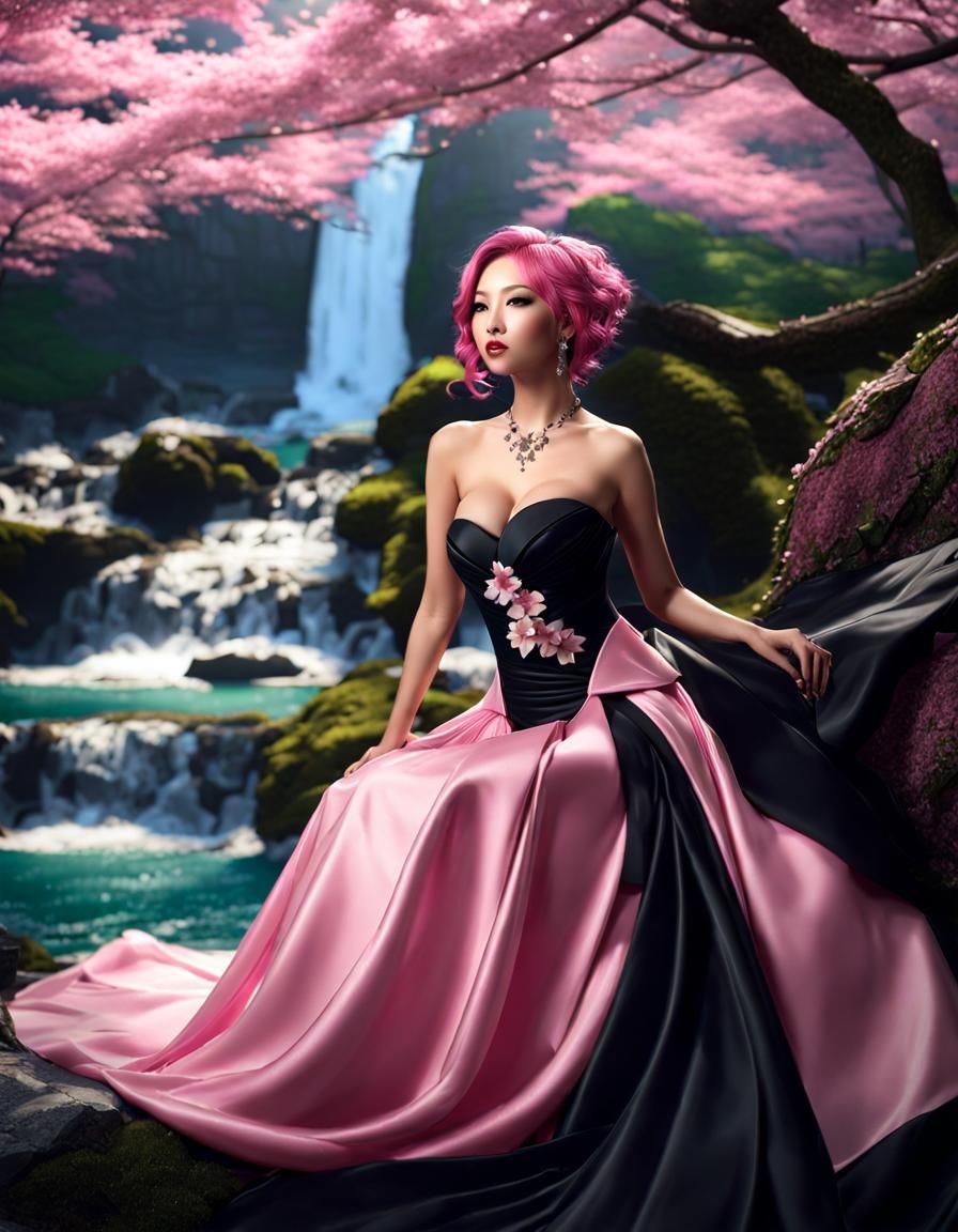 Asian Woman in Spring with Cherry Blossoms