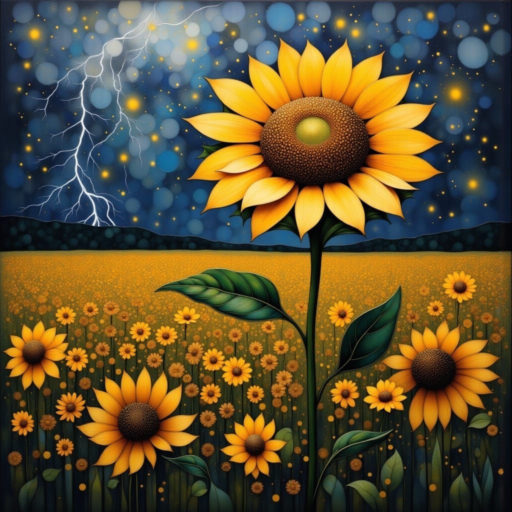 Vibrant Sunflower Caught in a Whimsical Thunderstorm