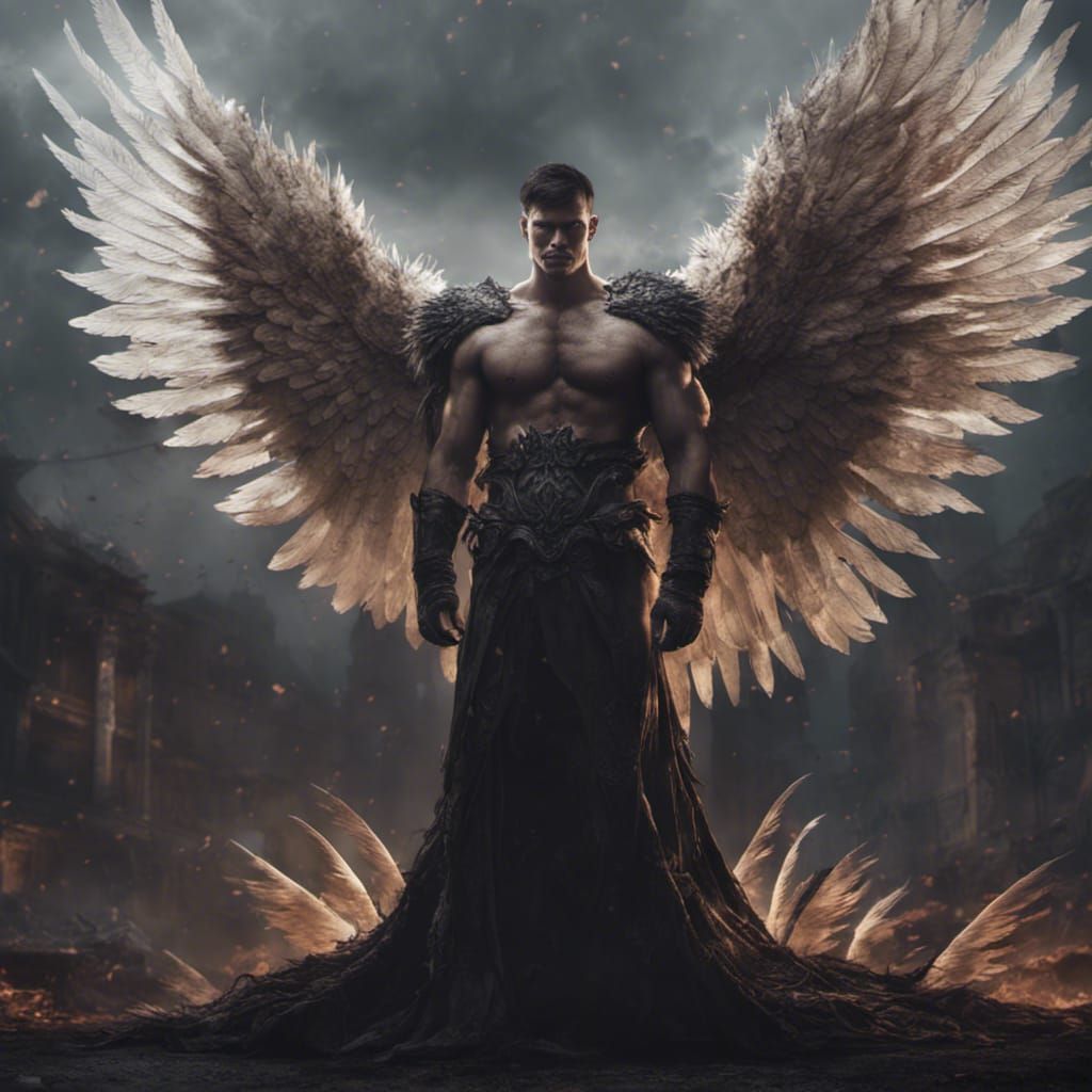 Dramatic Fallen Angel with Feathered Wings