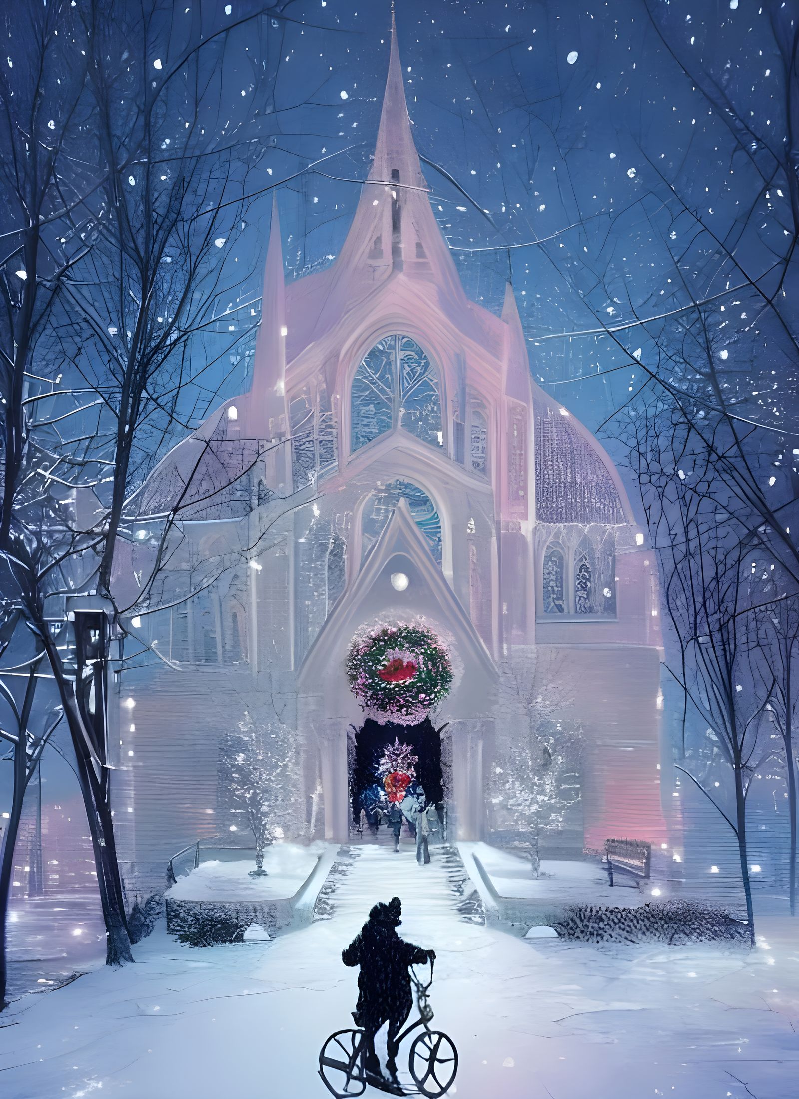 Ghostly Christmas Church in Snowy Winter Scene