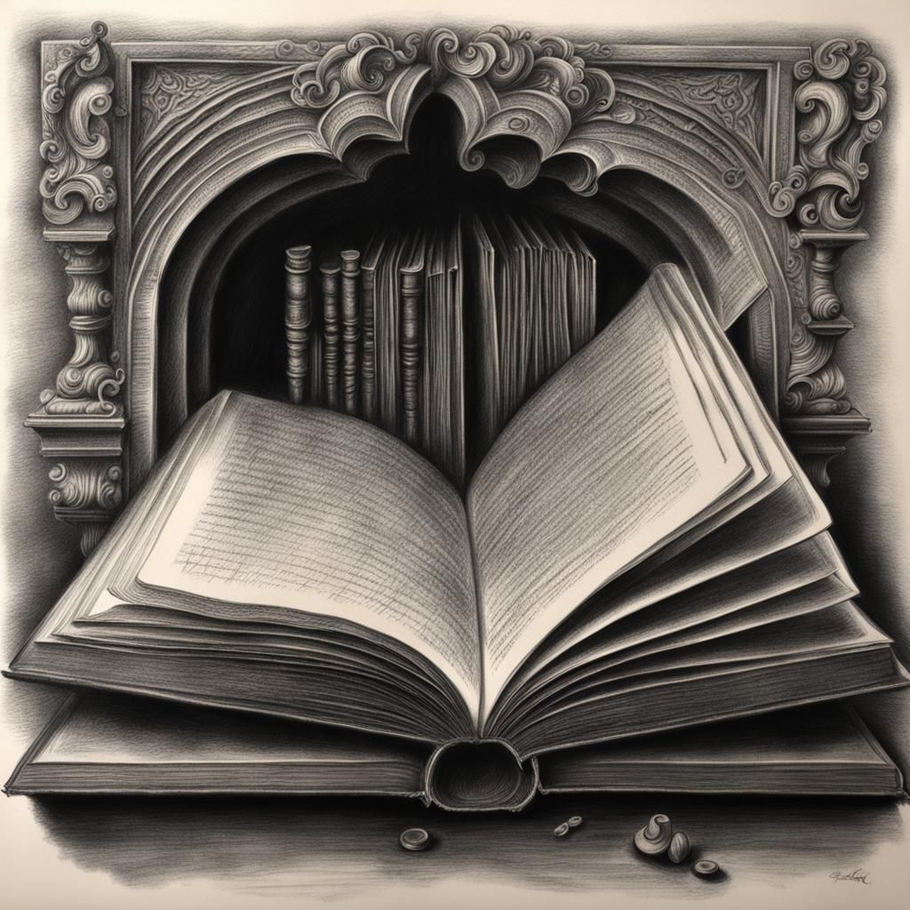 Hyperdetailed Charcoal Drawing of an Open Book