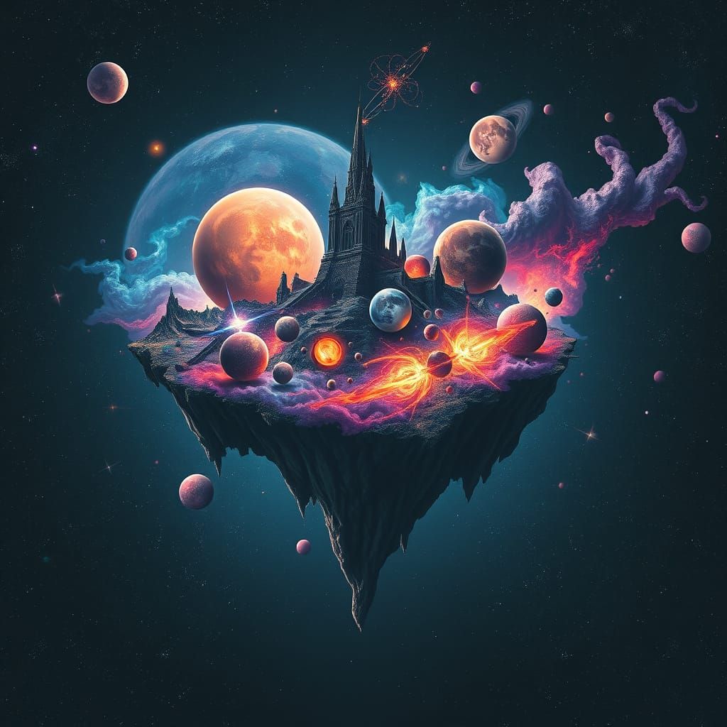Cosmic Island of Celestial Bodies in Surreal Style