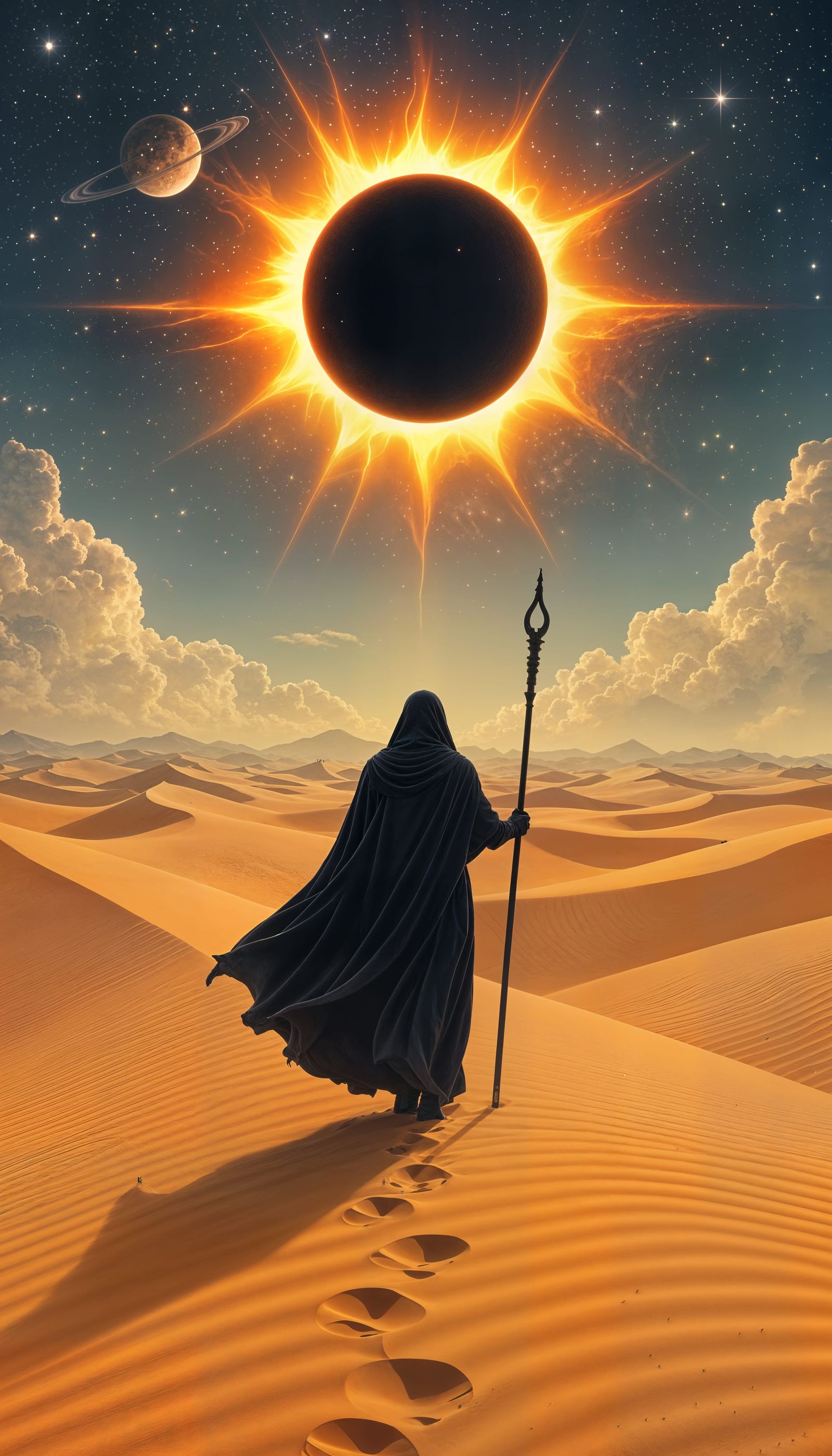 Alien Desert Walker Under Solar Eclipse