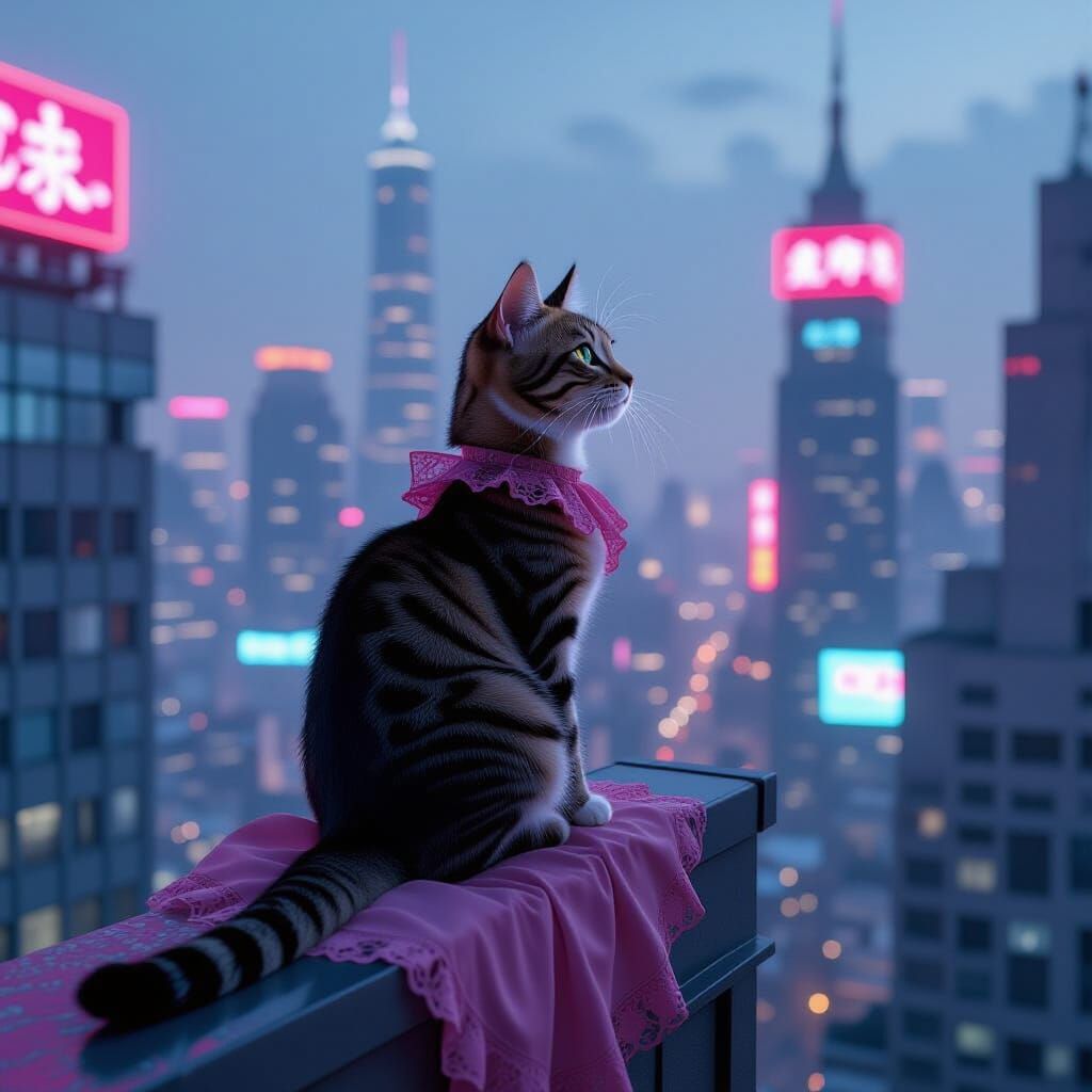 Cyberpunk Cat Gazes at Neon Metropolis