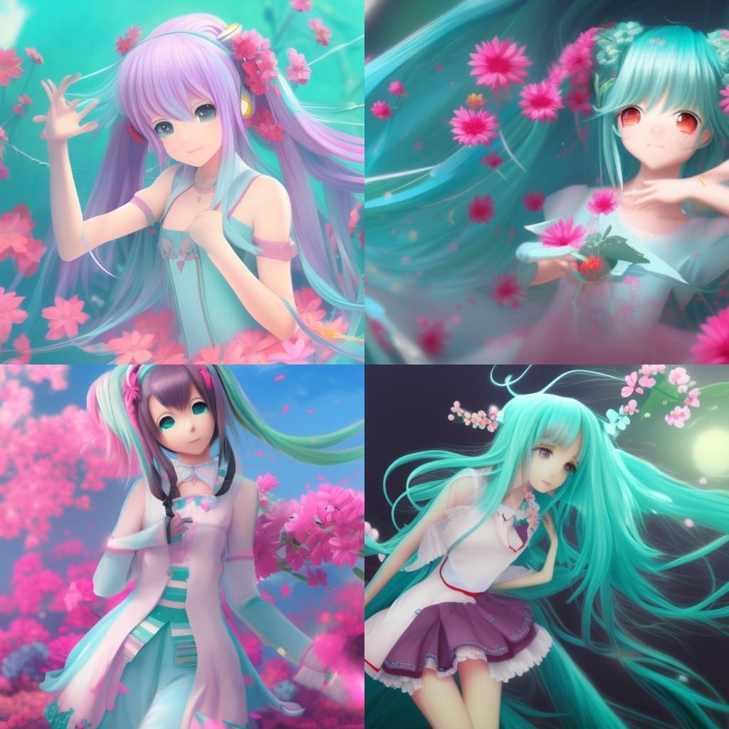 Hatsune Miku Picking Flowers in Anime Style