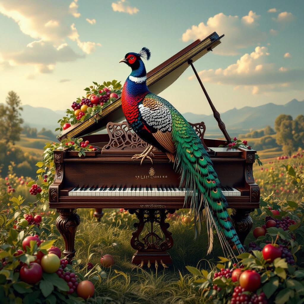 Ornate Pheasant on Piano in Surreal 3D Rendering