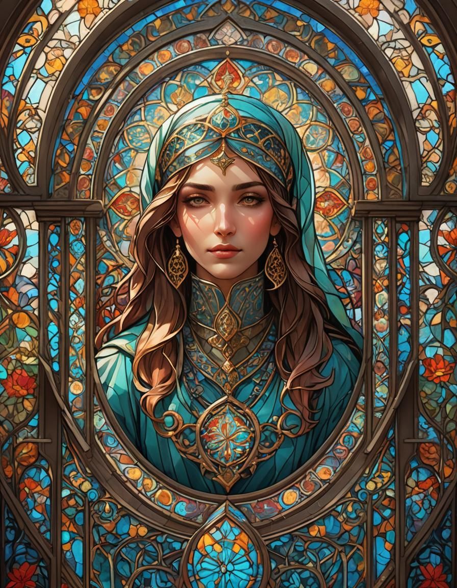 Arabic Calligraphy in Stained Glass, Art Nouveau Style