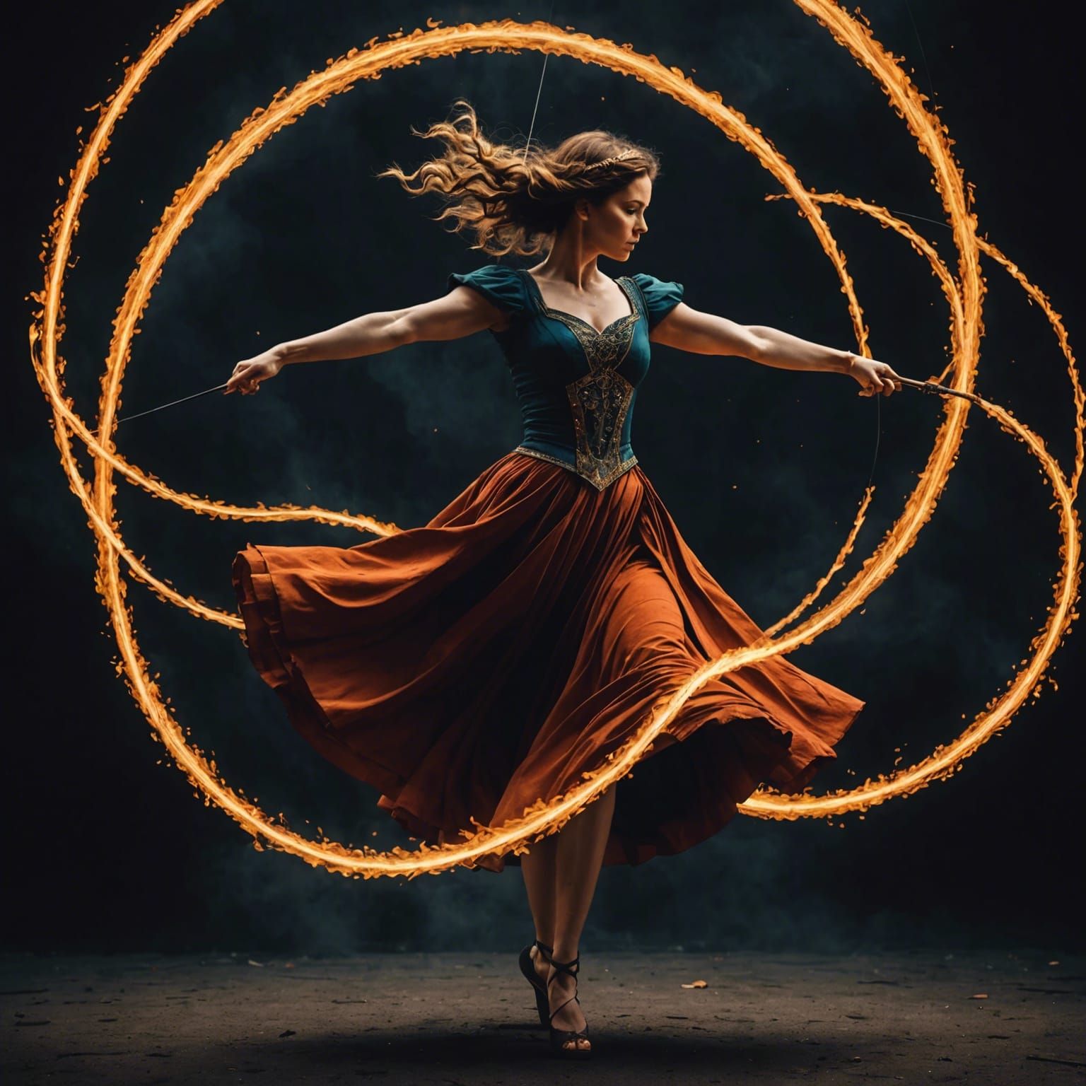 Cosmic Funambulist with Fire Poi, Renaissance Style