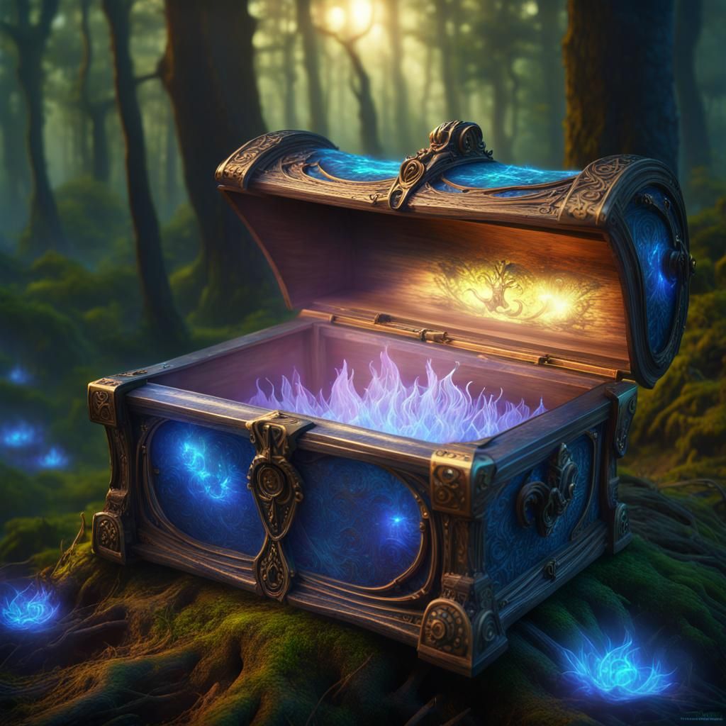 Enchanted Chest Emitting Dichroic Mist in Forest