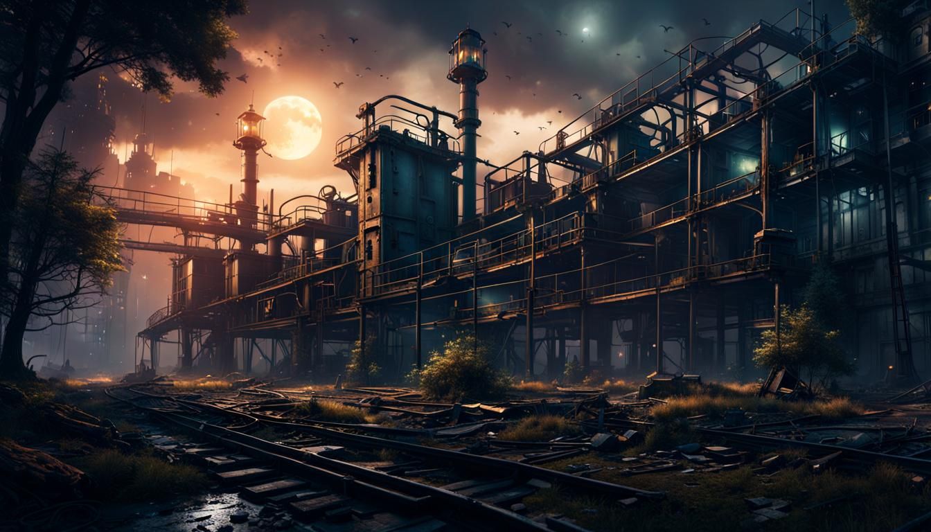 Abandoned Industrial Plant at Night: Matte Painting