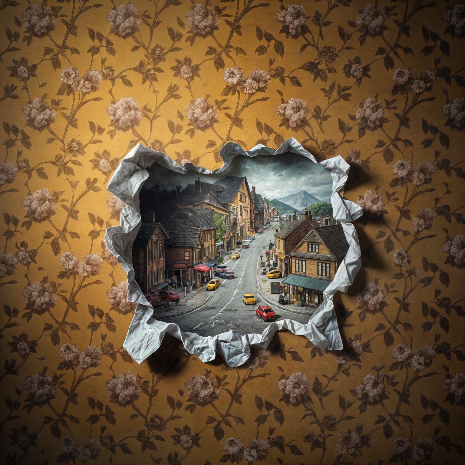 Miniature Village Hidden Behind Floral Wallpaper