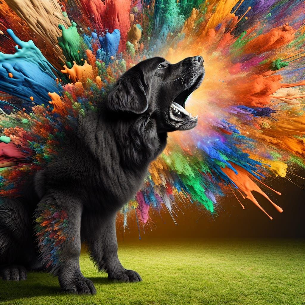 Gigantic Black Dog Barking in Vivid Splash Art