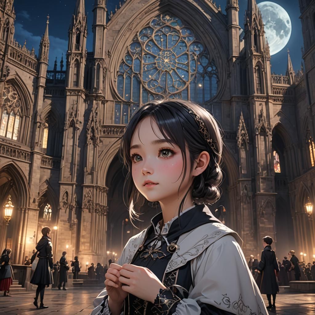 Anime Girl in Gothic Cathedral Digital Art