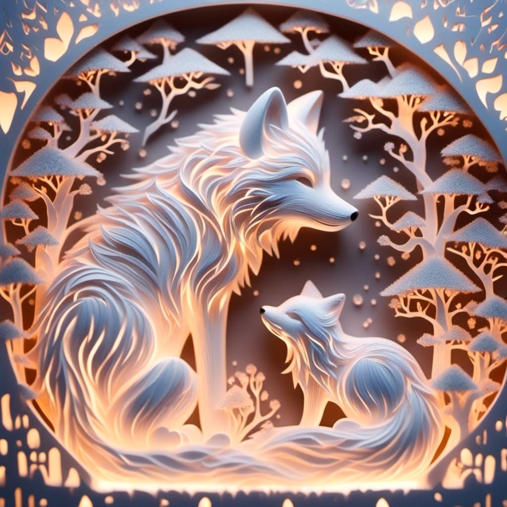 Papercraft Lightbox Wolf Momma and Cub