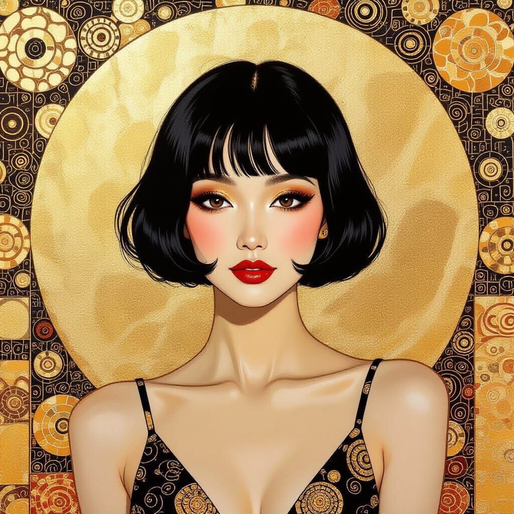 Thai Woman with Moon Rabbit in Klimt Gold Leaf Style