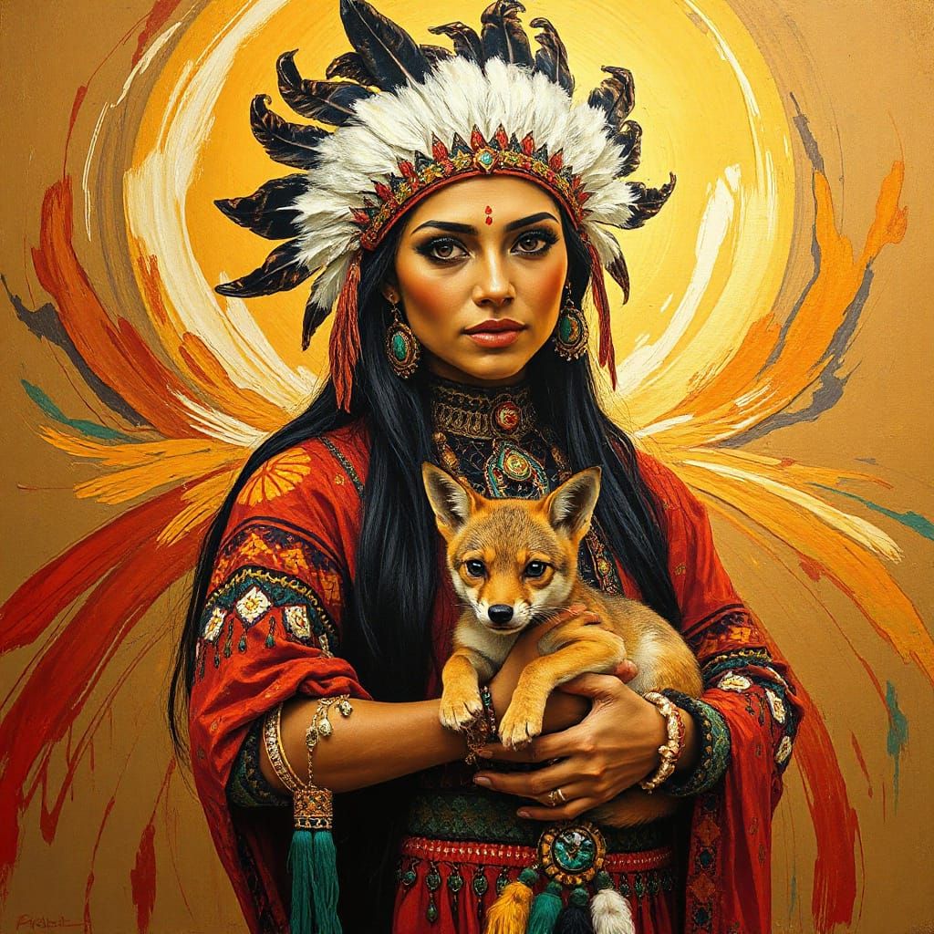 Hopi Goddess with Coyote Cub as Impasto Painting