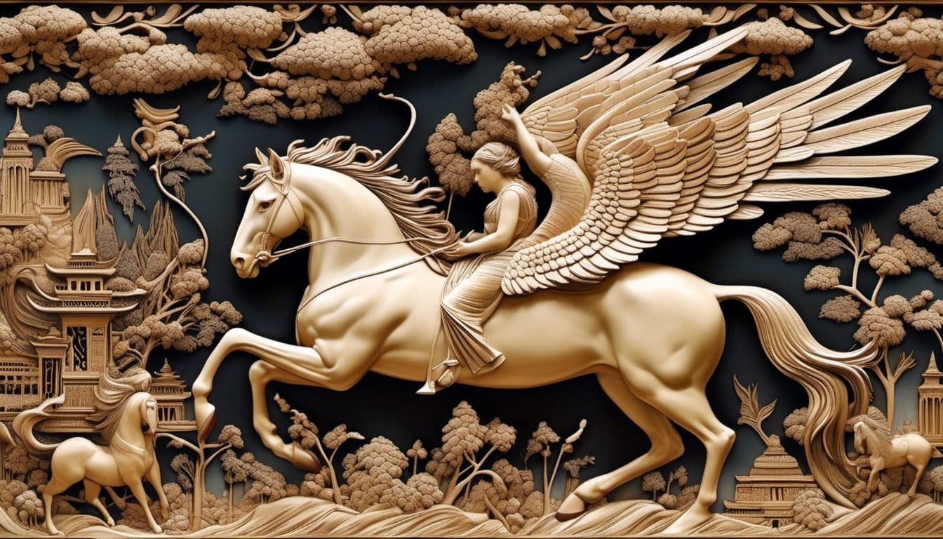 Pegasus Flies Across Ancient Lands in Pyrography Style
