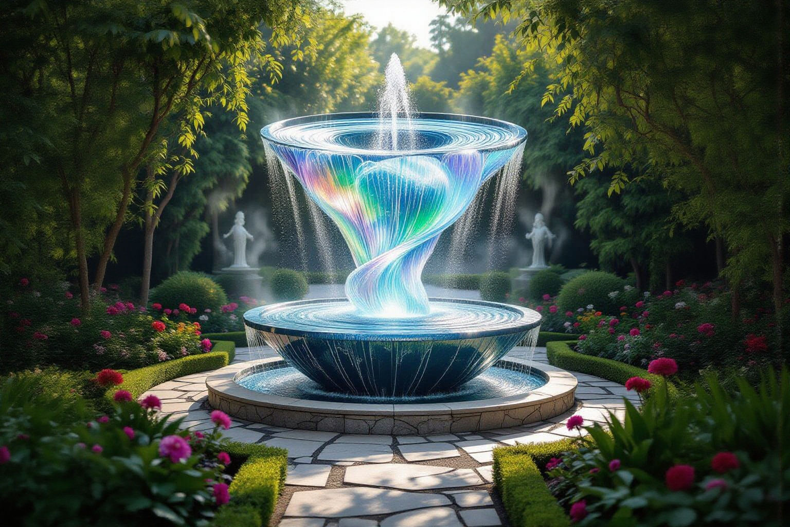 Endless Vortex Fountain in a Surreal Garden