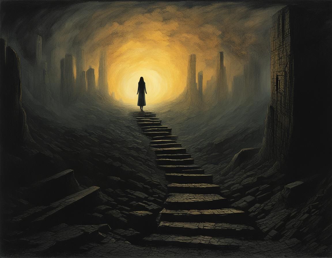 Woman Descending into Ruined Darkness