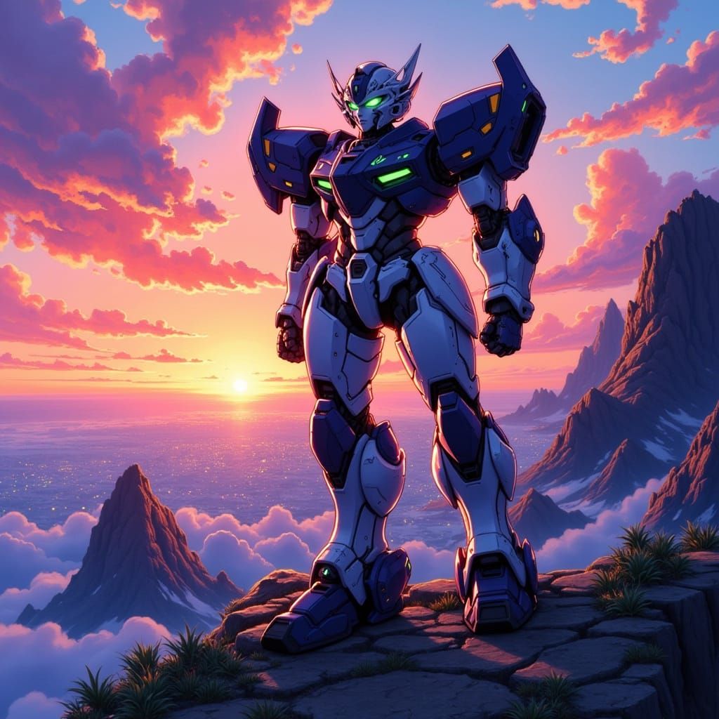 Mecha Robot Overlooking City at Sunset in Anime Style