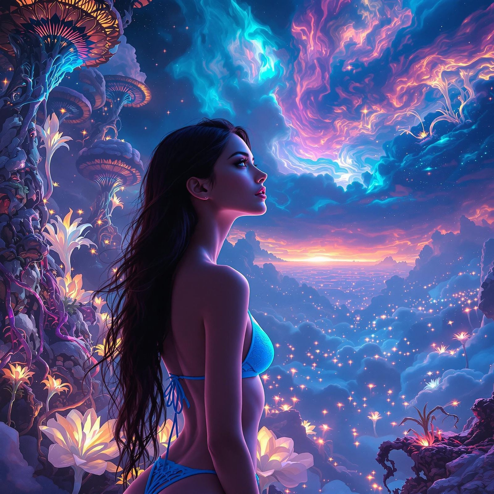 Surreal Alien Goddess in Vibrant Blue Bikini