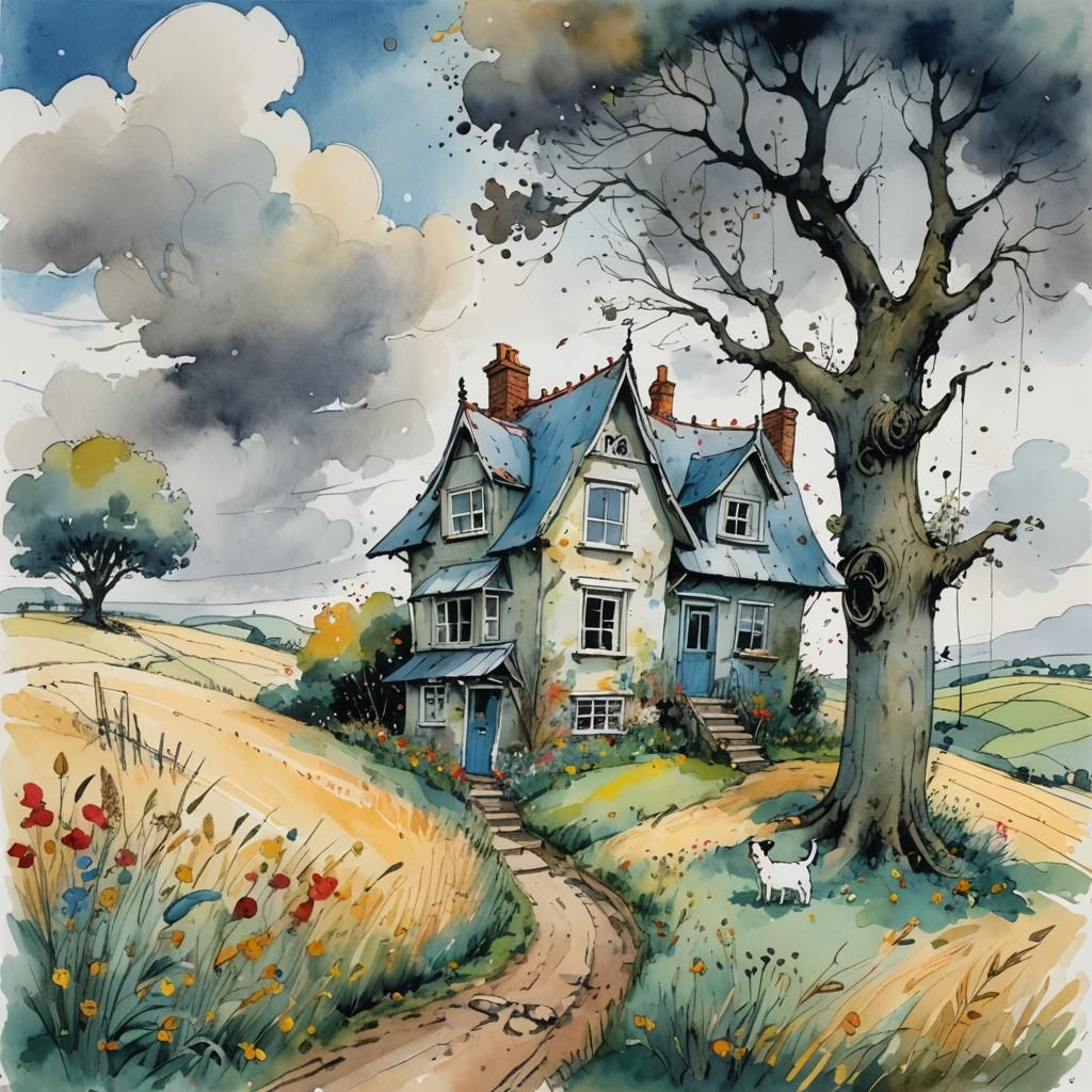 Whimsical Cottage Illustration with Poppies and Dog