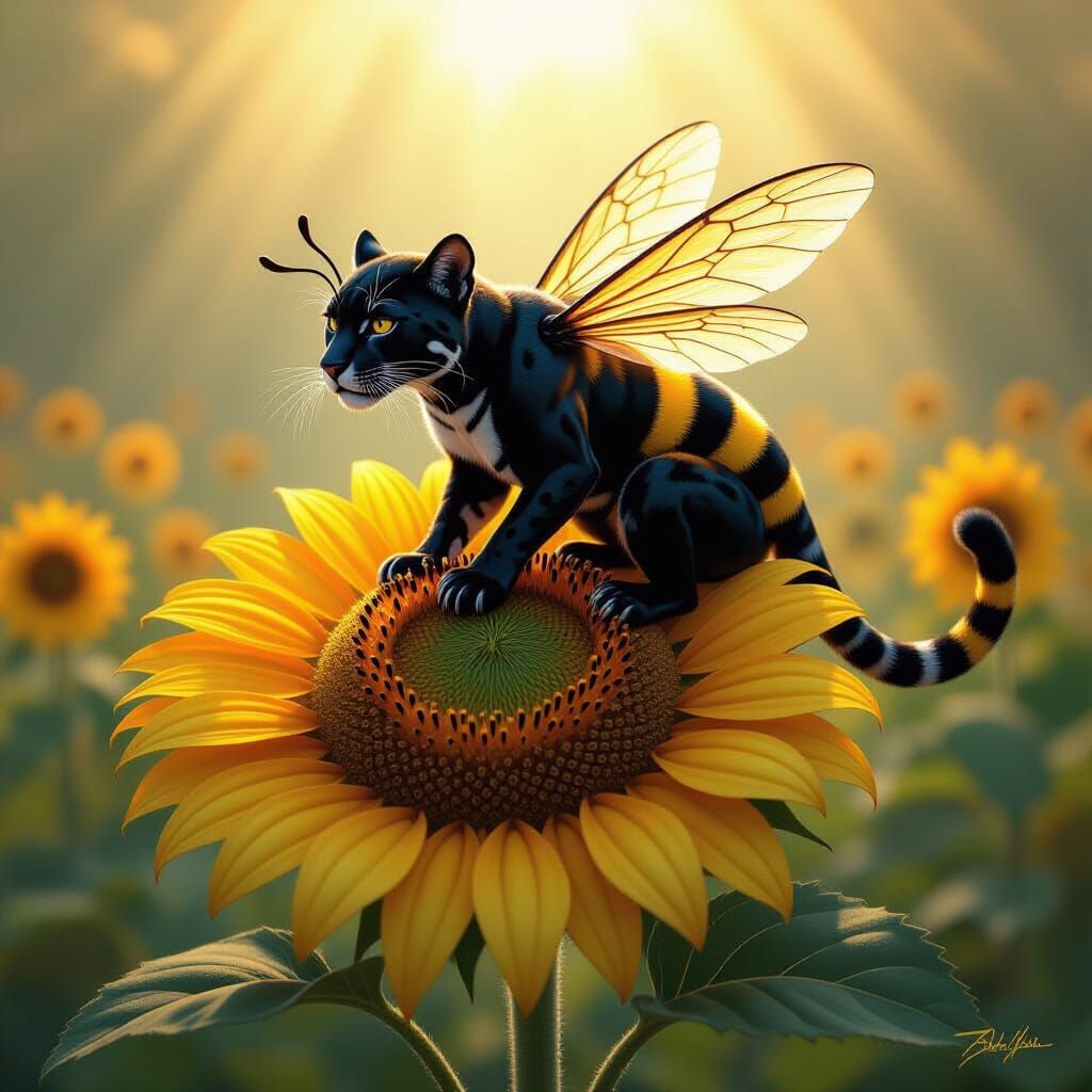 Jaguar-Bee Hybrid Perched on Sunflower in Ethereal Meadow