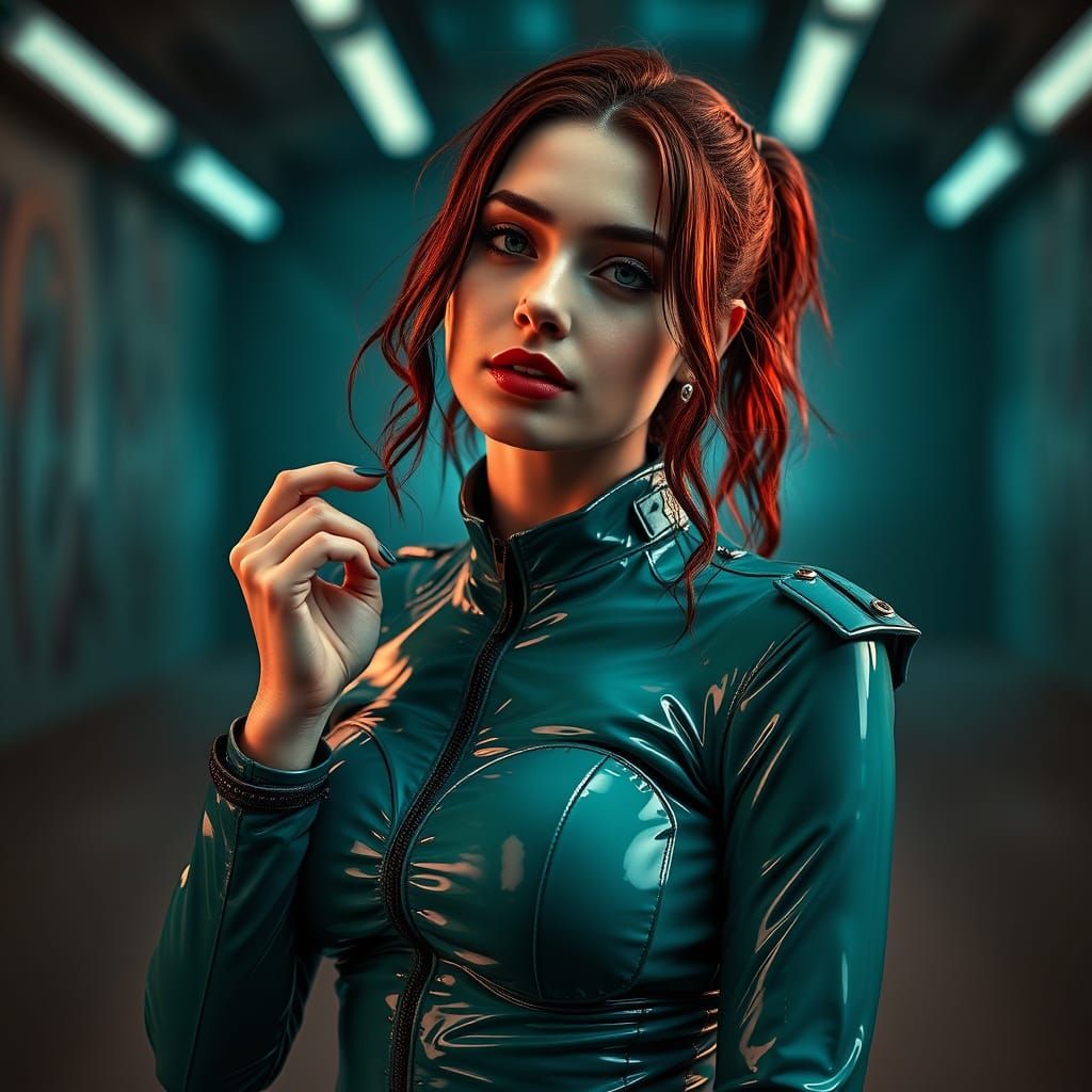 Ethereal Teal Latex Goddess in Hyperrealistic HDR