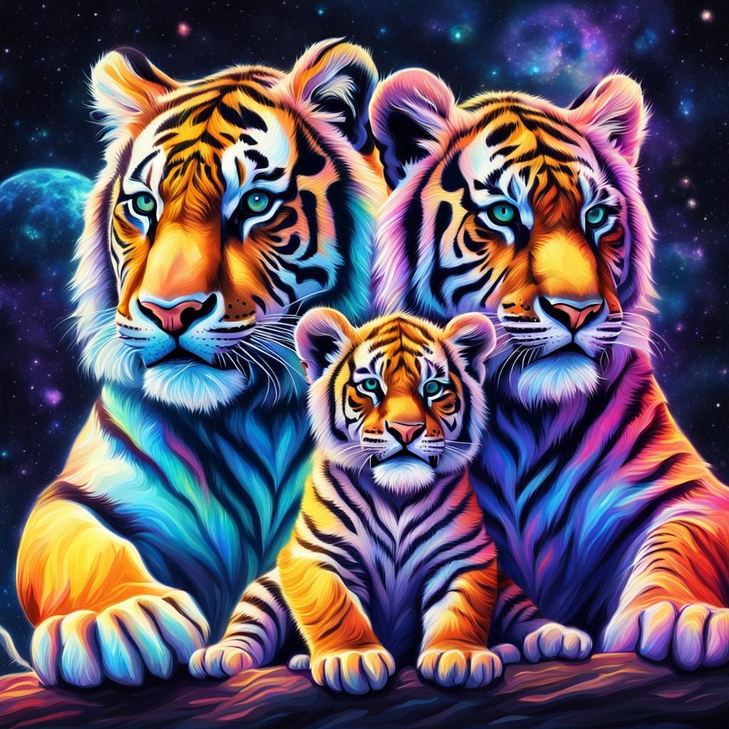 Tiger and Lion Cubs: Cosmic Mixed Media Illustration