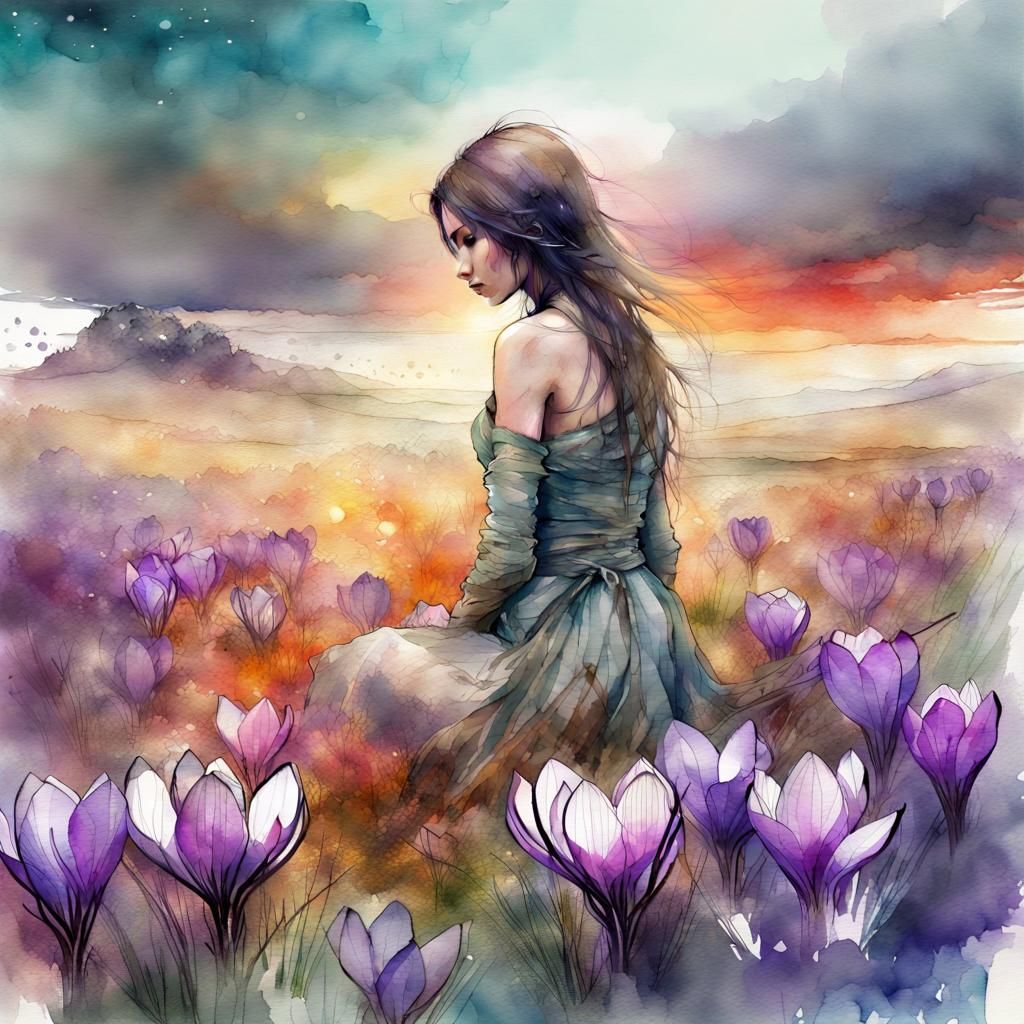 Crocus Field with Woman: Watercolor Fantasy Illustration