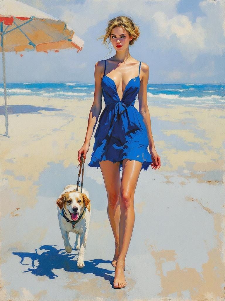 Swedish Woman Walking Dog: Watercolor and Linear Art