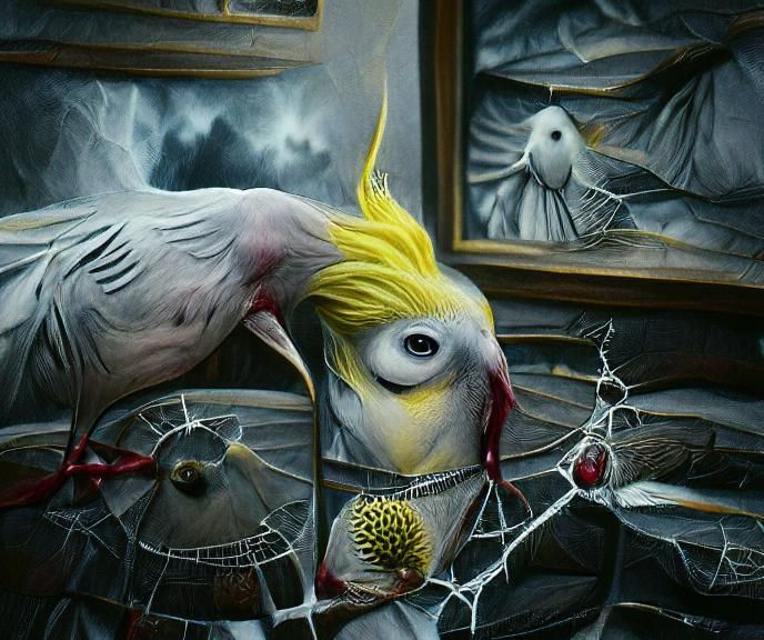 Cockatiel Bird in Dark Art Style, Detailed Painting